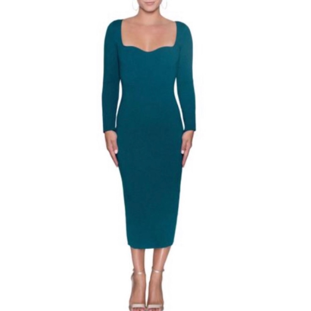 Rachel Roy's curve-hugging sweater dress with a gorgeous sweetheart neckline.